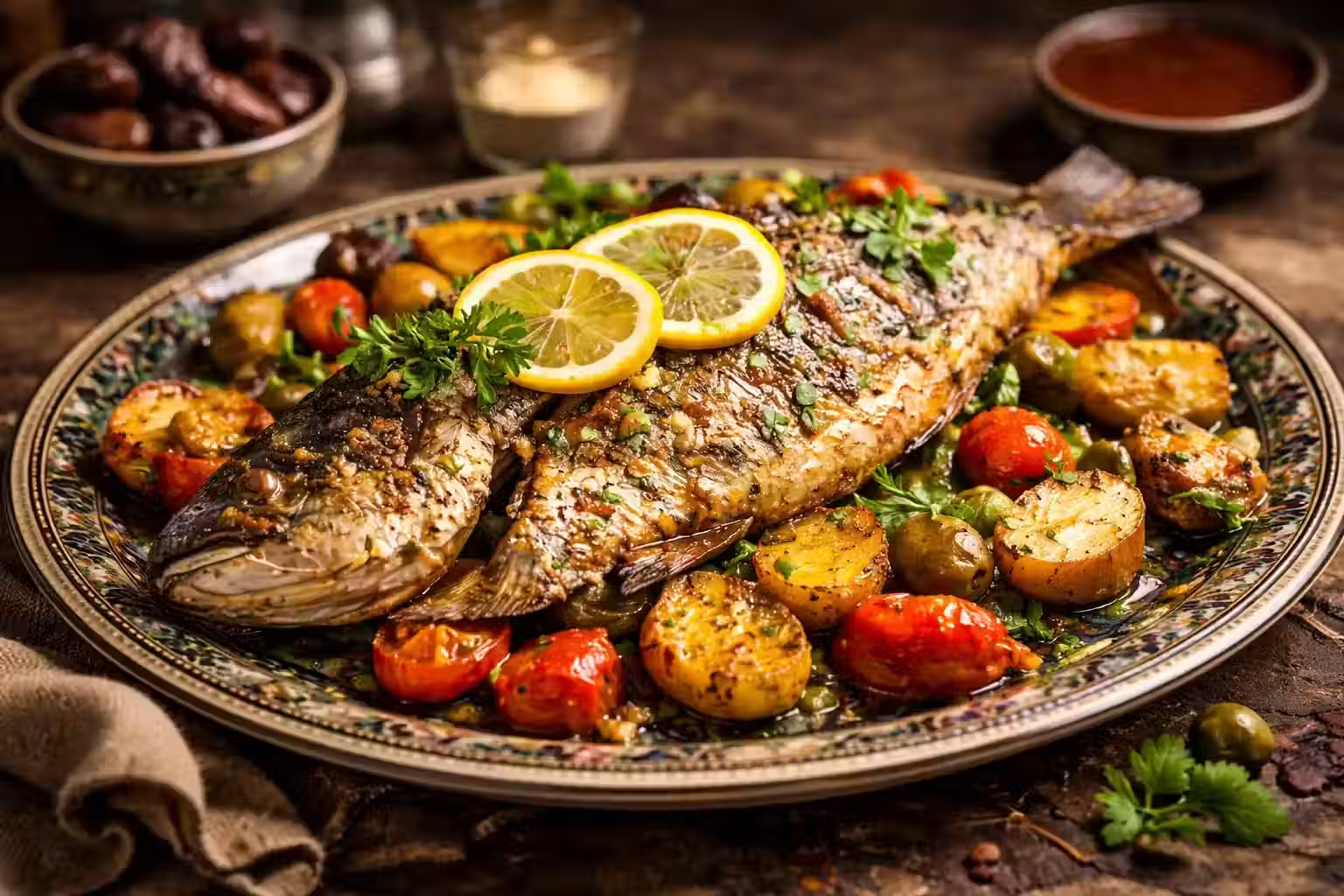 Poisson du jour r&ocirc;ti au four avec l&eacute;gumes et herbes fra&icirc;ches.